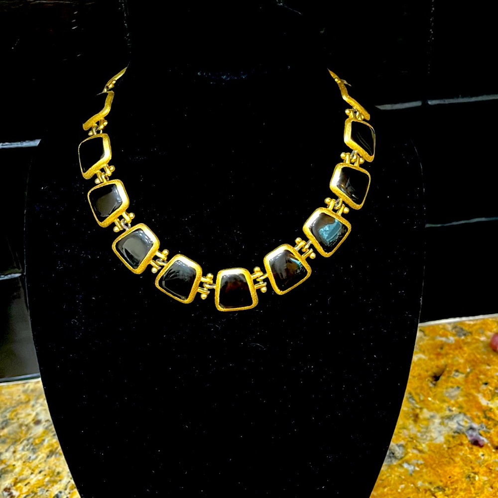 Couture Vintage Anne Klein Black $ Gold Byzantine medallion link collar necklace